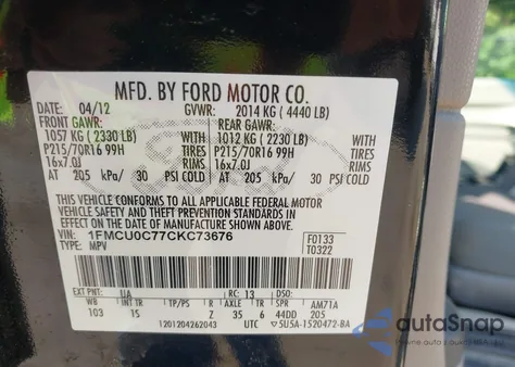 2012 Ford Escape Xls z USA, uszkodzony, nr VIN 1FMCU0C77CKC73676